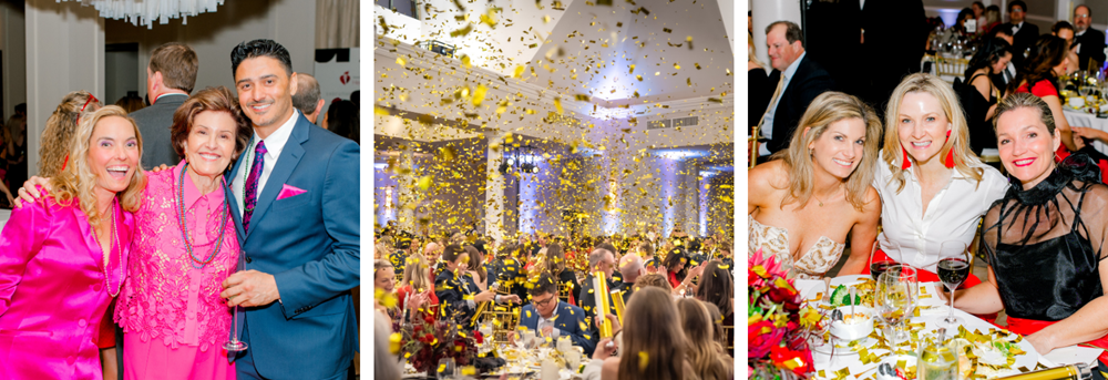 Group of three photos, the first is of Marcia Jacobs and her family smiling and dancing, the second is gold confetti raining down in the ballroom, and the last is of the Chair Kim Carter, Honorary Chair Mayor Mattie Parker, and their table guest.
